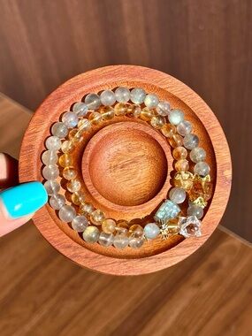 Elegant Citrine and Labradorite Beaded Stretch Bracelet Set